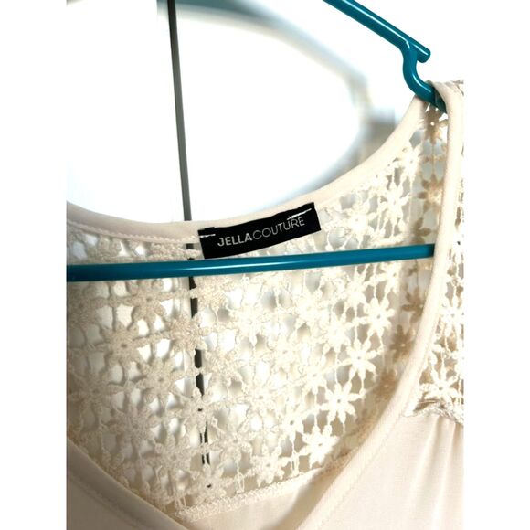 Jella Couture Women's Tan Lace Longe Sleeve Scoop Neck Lace Shoulder Blouse - Picture 5 of 8